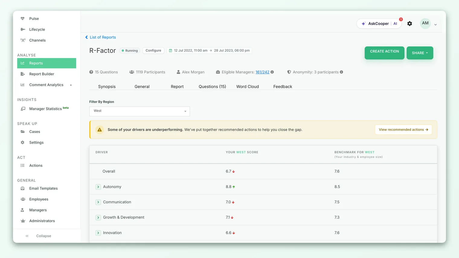 The Benchmark report inside a survey report, with the Filter By Region dropdown above the driver benchmark table.