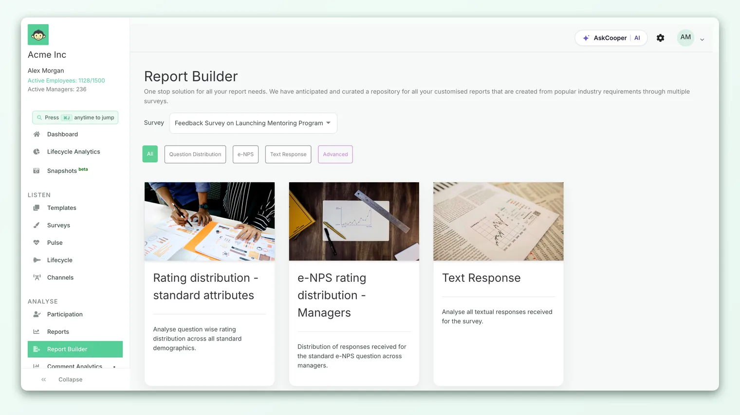 The Report Builder in CultureMonkey, showing report type cards for a selected survey.