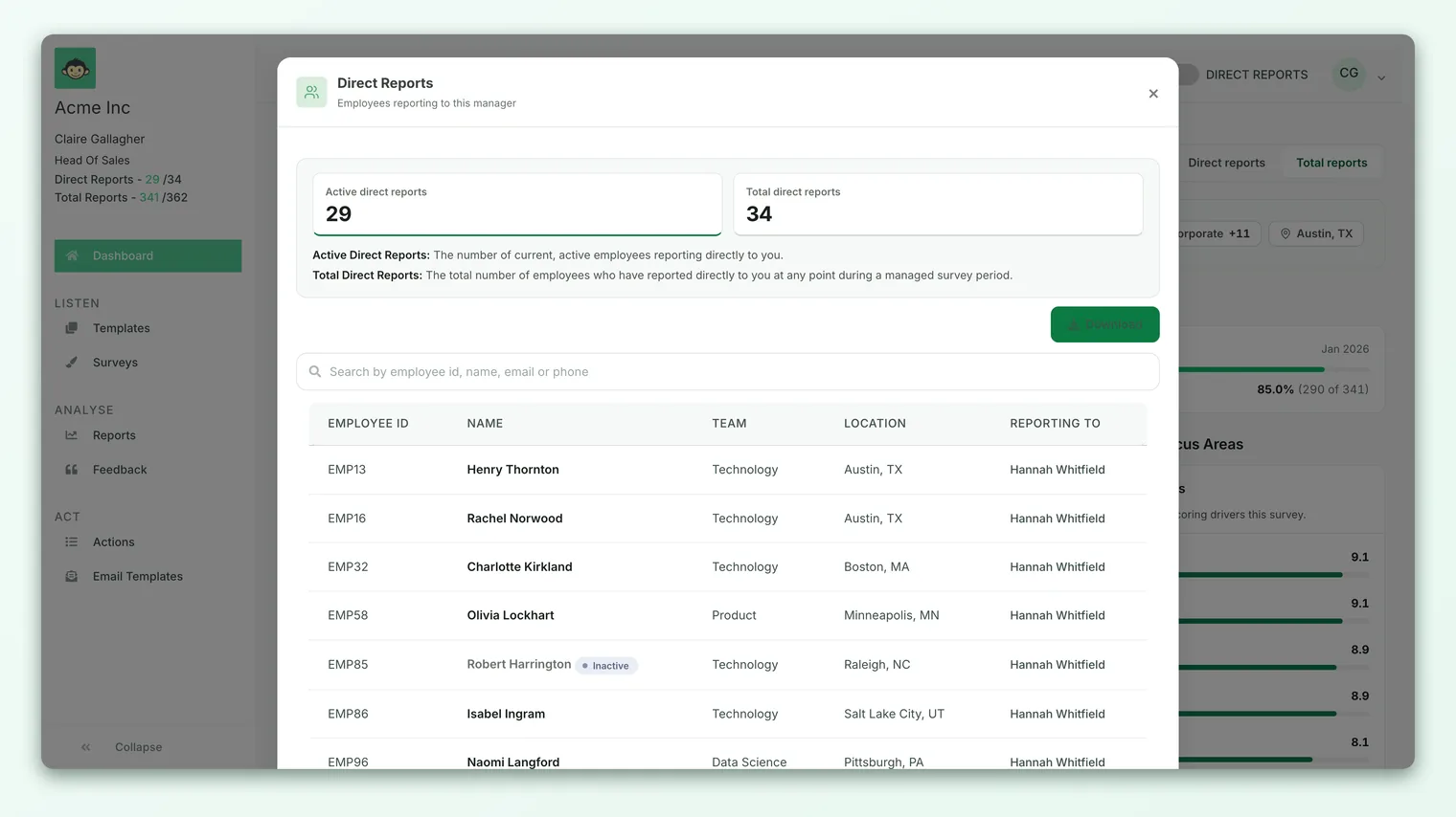 The reportee list panel, showing the search box and the sortable Employee ID, Name, Team, Location, and Reporting To columns.
