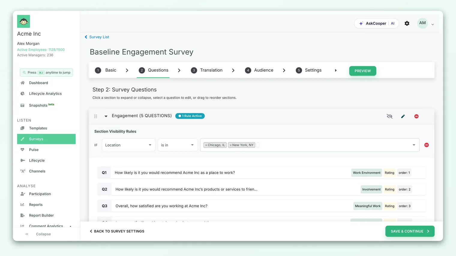 The survey builder on the Questions step, with a section expanded and the visibility-rules controls beside the section title.