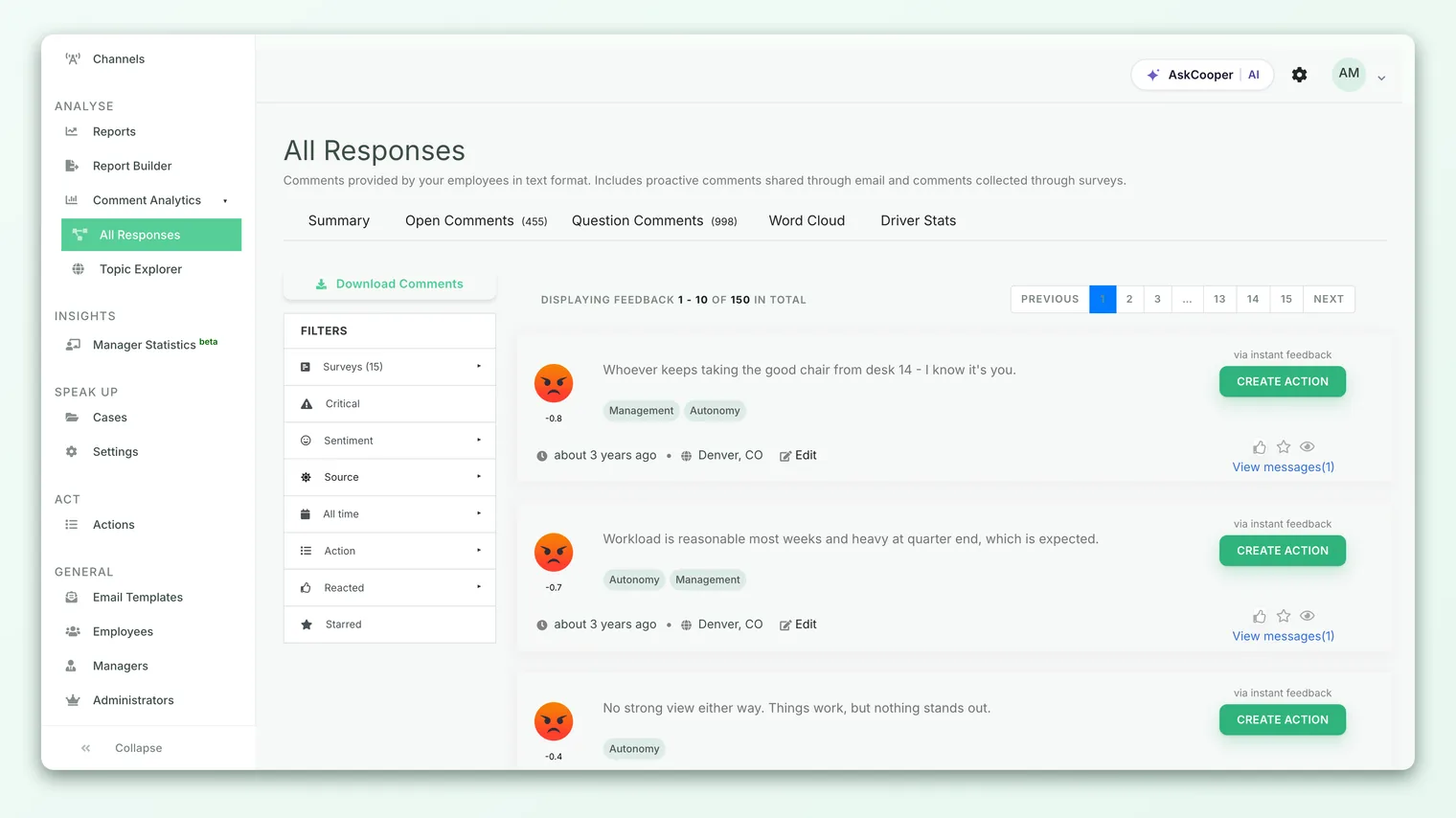 A survey report showing the average sentiment face rolled up from all the comments in a driver.
