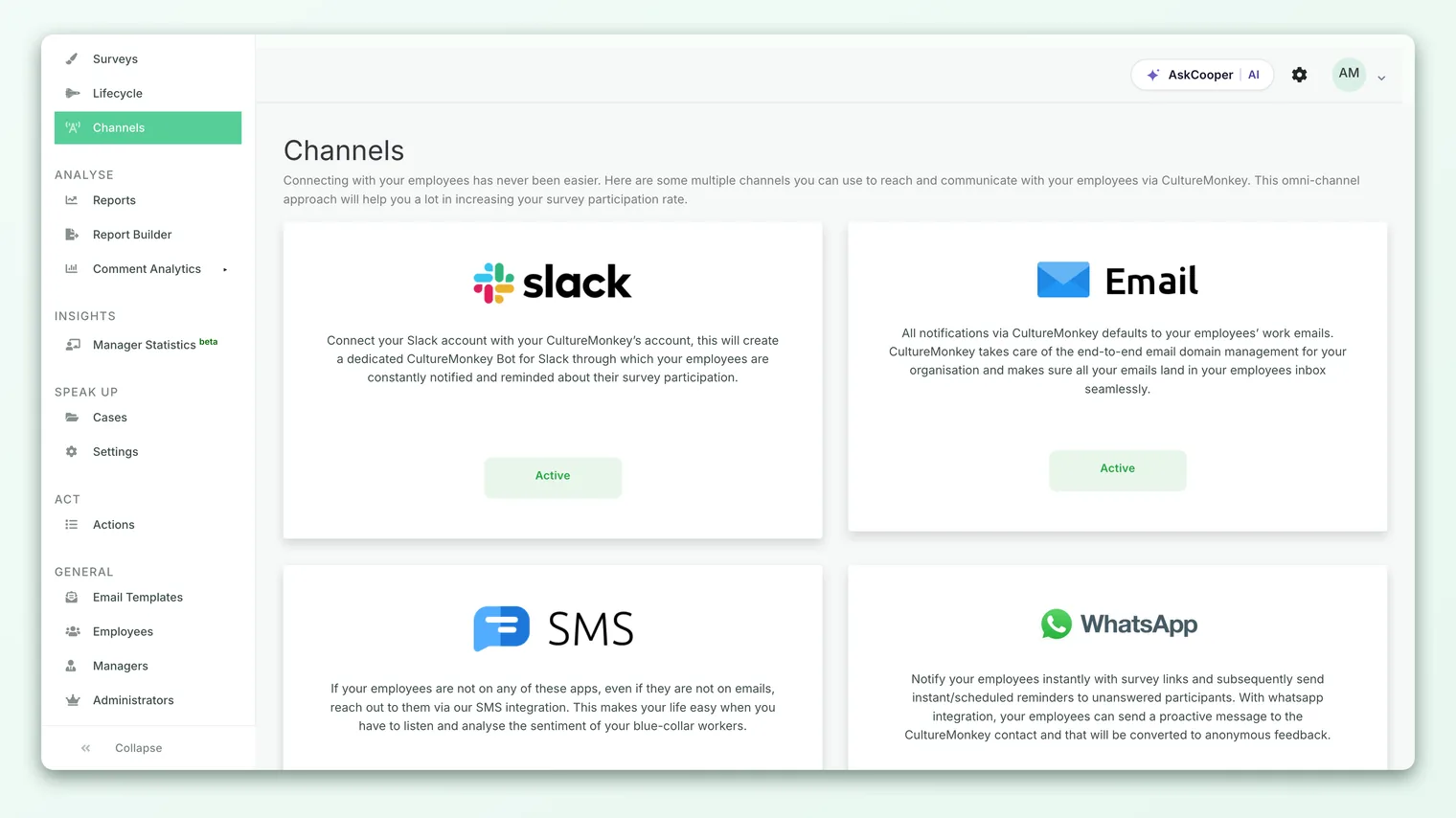 The Integrations hub in CultureMonkey, where Slack and other channels are connected.