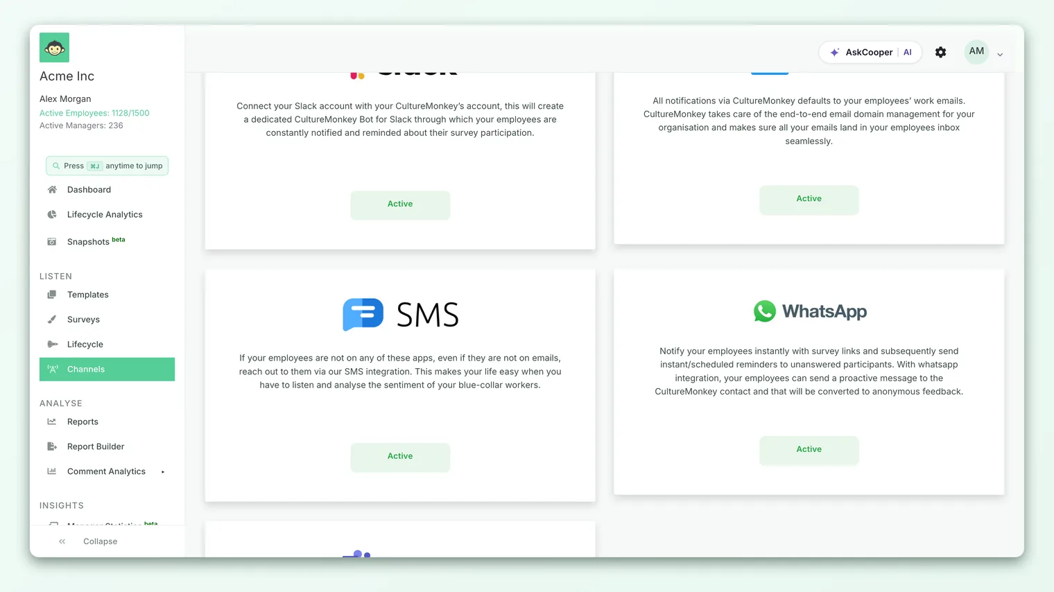 The Integrations hub in CultureMonkey, where connected channels and services are listed.