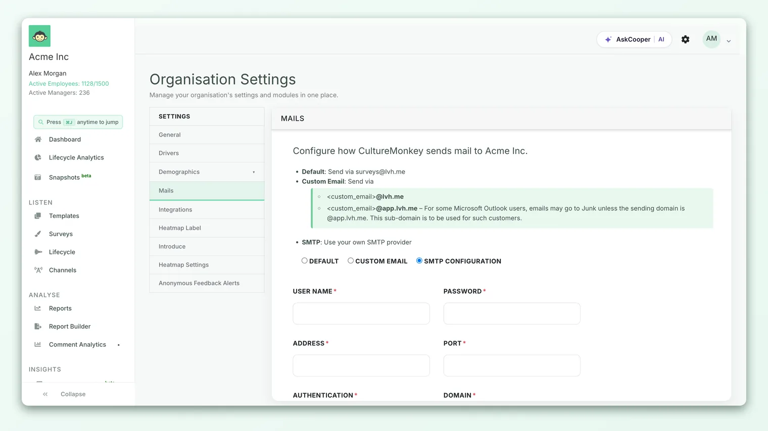 The mail configuration page where you choose between the default sender and a custom SMTP sender.
