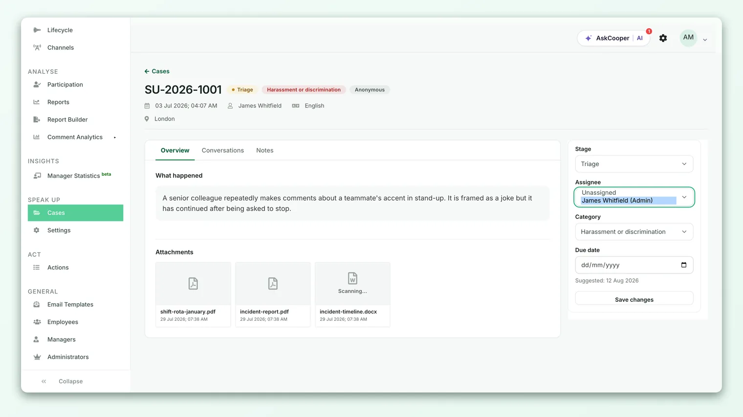 The Speak Up case view with the sidebar Assignee dropdown open, showing members listed by name and role.