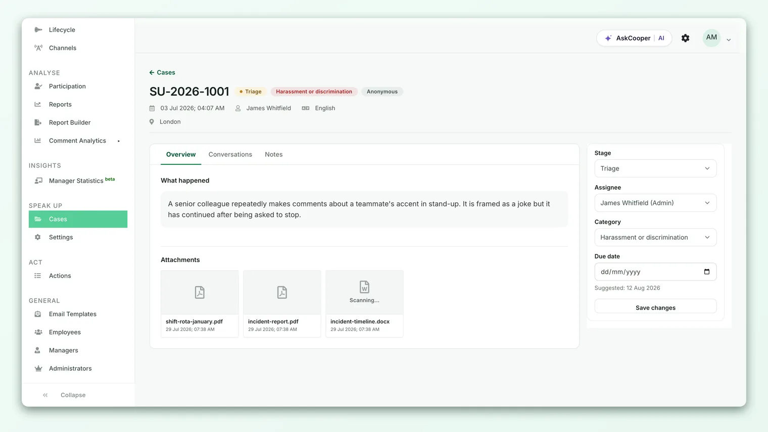 The Speak Up case detail screen showing a grid of attachment cards with thumbnails, file names, and download controls.