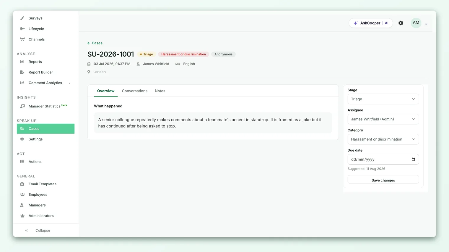 The Speak Up case detail page with the Stage dropdown and Save changes button in the right-hand sidebar.
