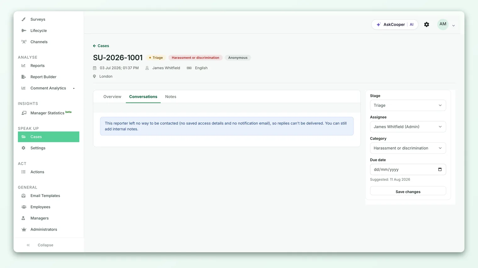 The Conversations tab showing the reporter thread and the anonymous reply composer.