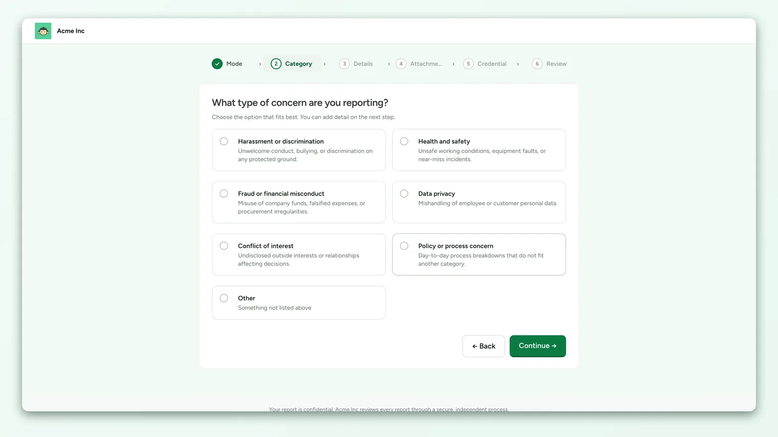 The Speak Up intake form on the Describe what happened step, showing a category-specific guided question, a free-text description box, and an optional location field, with a step progress tracker across the top.