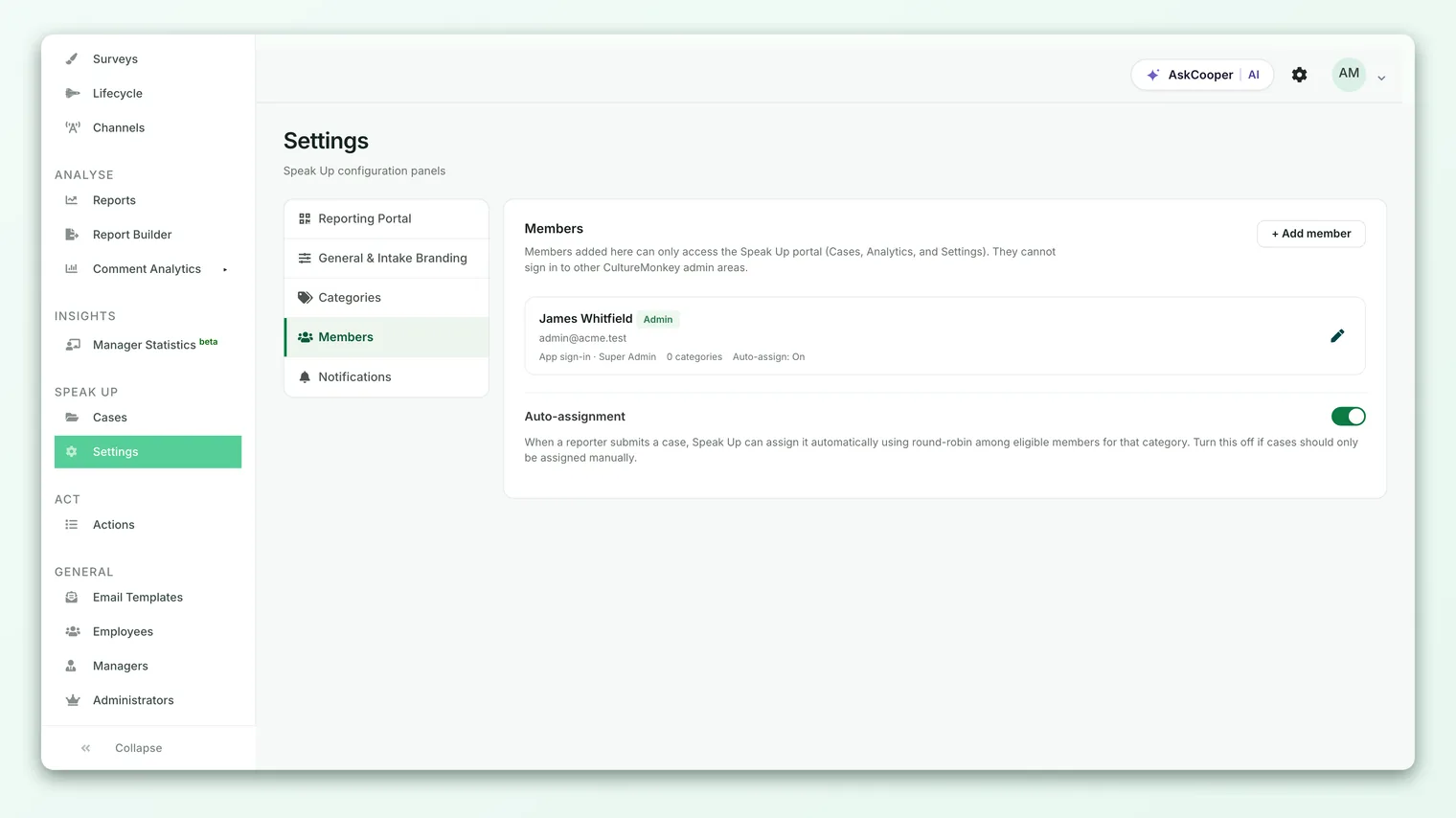 The Speak Up members list on the Settings page, showing each member's role pill and category scope.