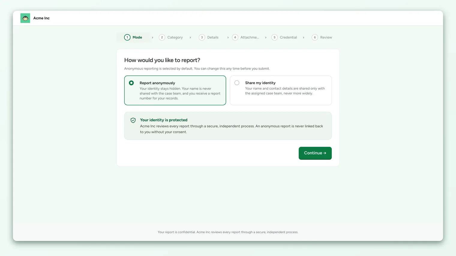 The Speak Up intake form showing the anonymous and identified reporting options on the first step.