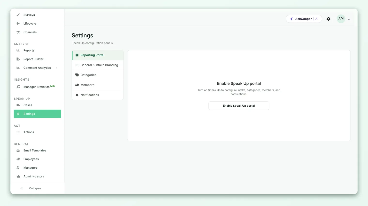 The Speak Up settings screen showing the enable-portal call to action on a fresh account.