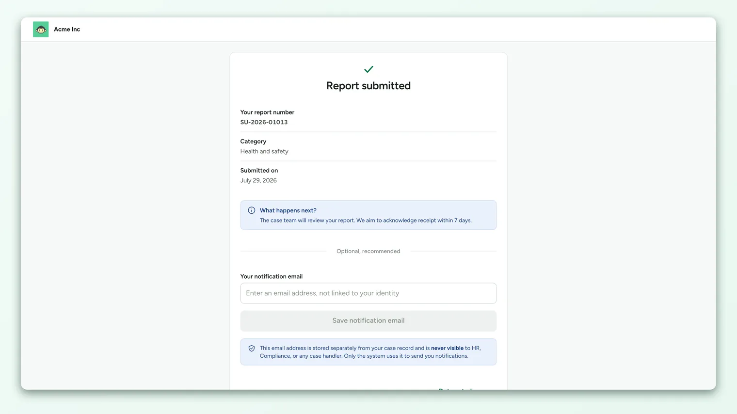The Speak Up submission confirmation screen showing the acknowledgment timeline the reporter can expect.