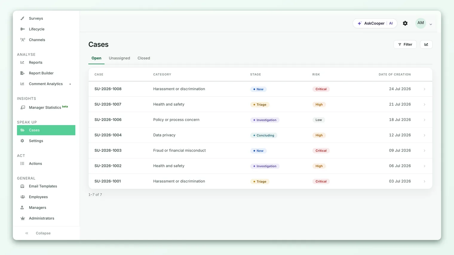 The Speak Up module in CultureMonkey, showing the case queue where trusted reviewers manage reports through their stages.