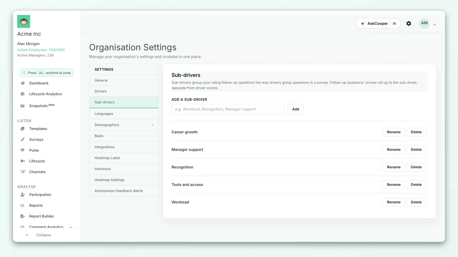 The Sub-drivers screen in CultureMonkey's Organisation Settings, with a field to add a sub-driver and a list of existing ones, each with Rename and Delete buttons.