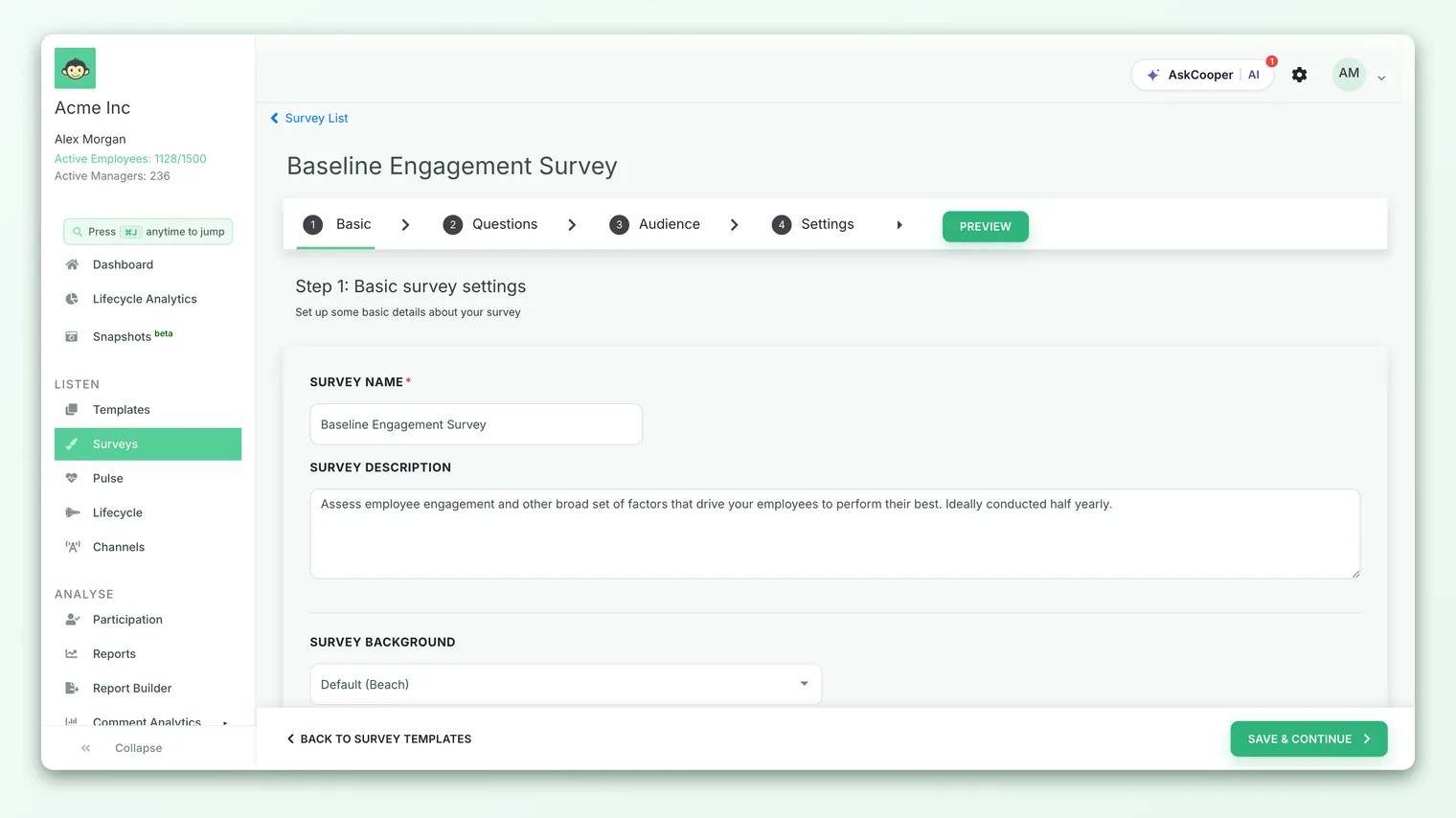 The New Survey builder open on Step 1, Basic settings, showing the Basic, Questions, Audience and Settings steps.