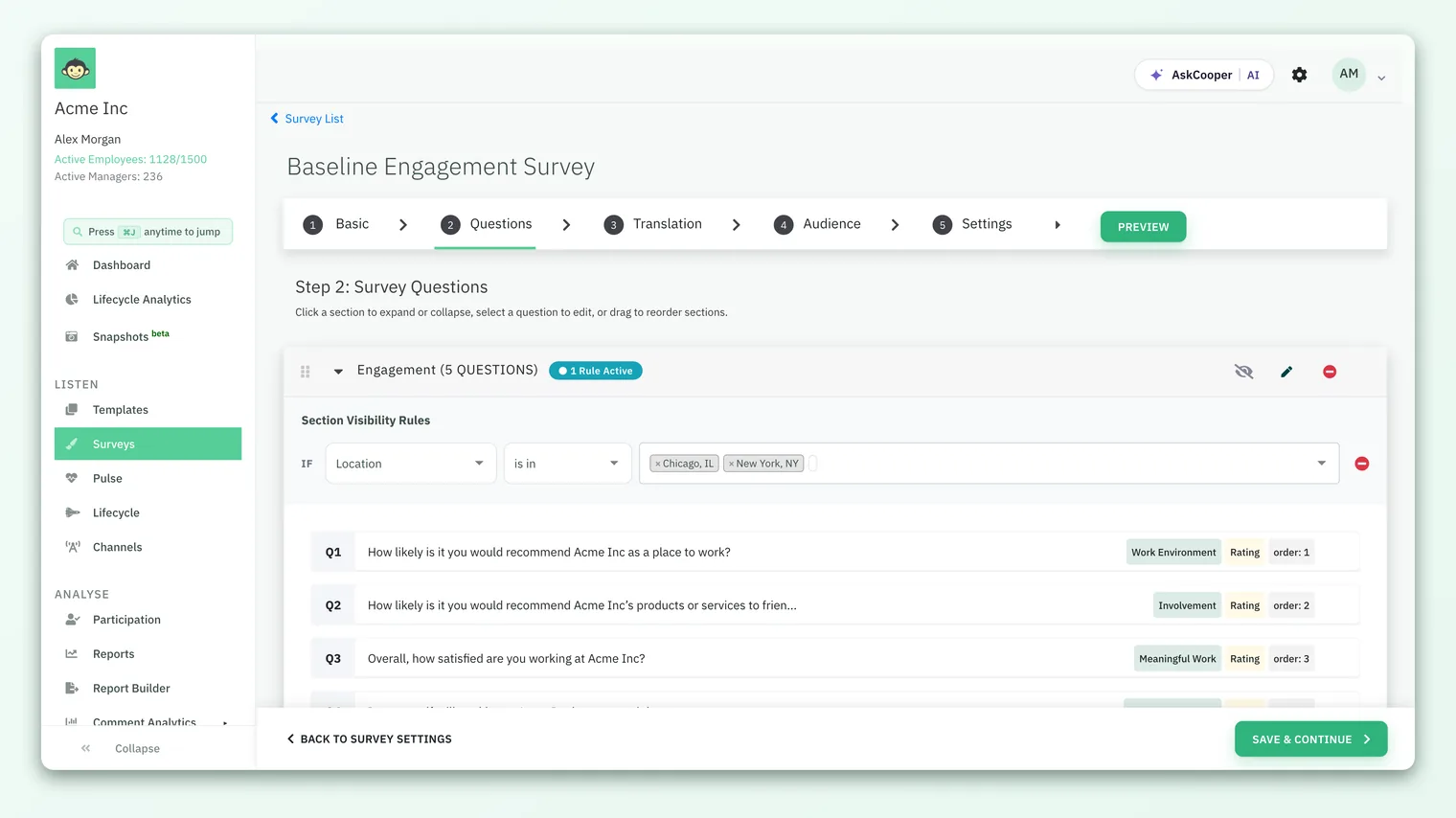 The survey builder open on the Questions step, where sections group the questions in a survey.