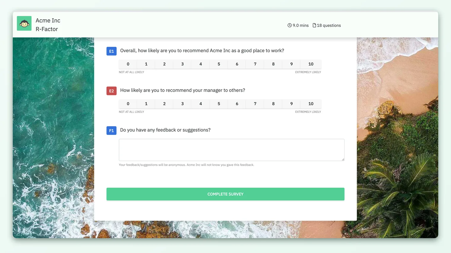 The identity line shown at the top of a survey form, telling you whether your responses are anonymous or confidential.