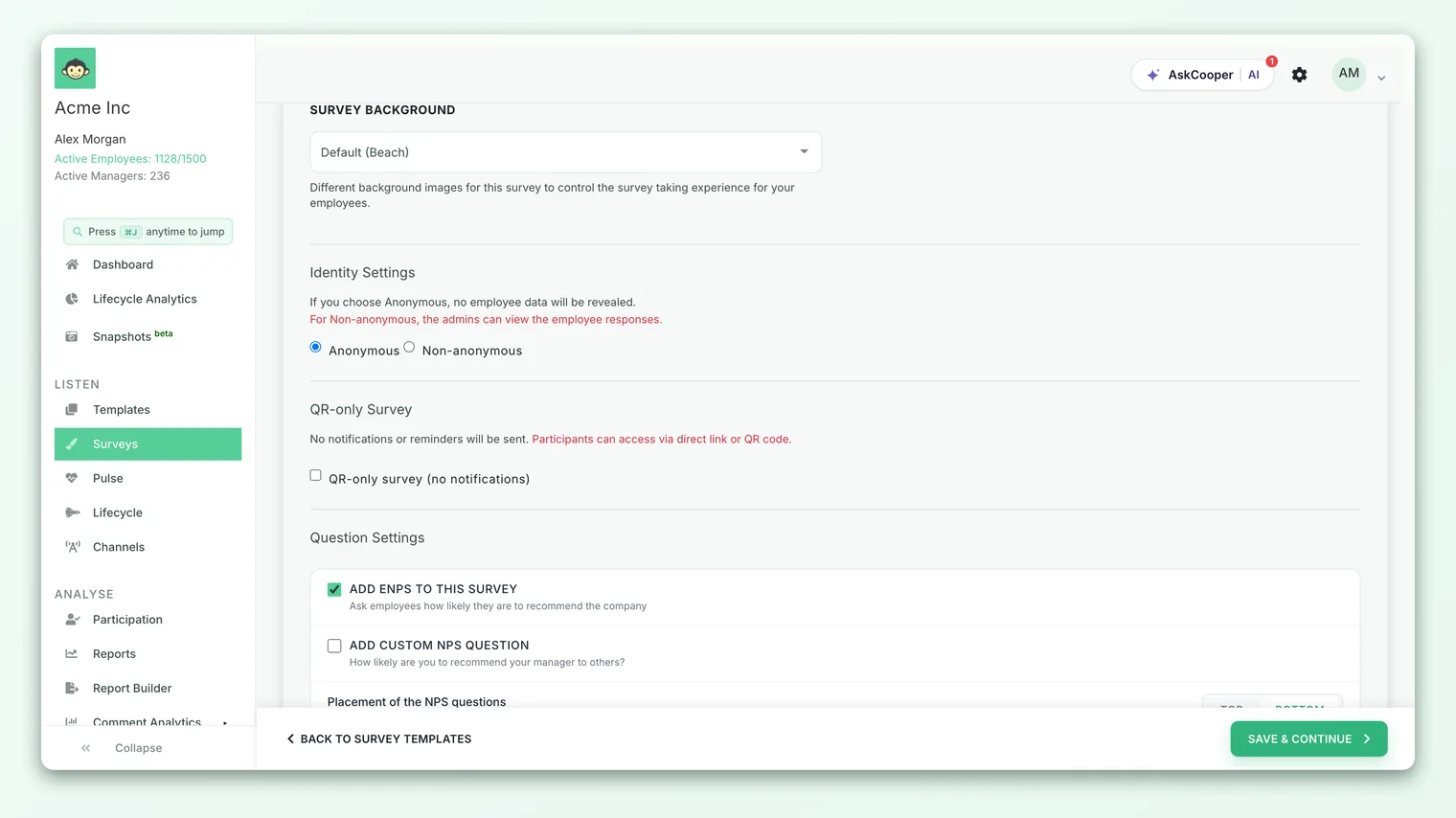 The CultureMonkey survey builder showing the Question Settings area with the "Add eNPS to this survey" checkbox.
