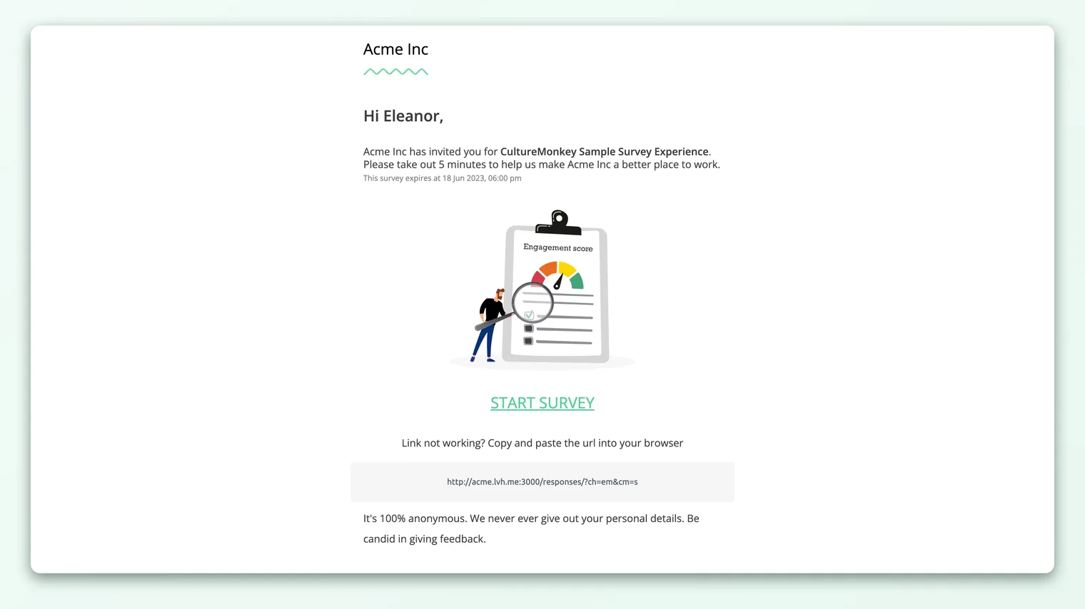 A CultureMonkey survey invitation email with a button that opens the survey.