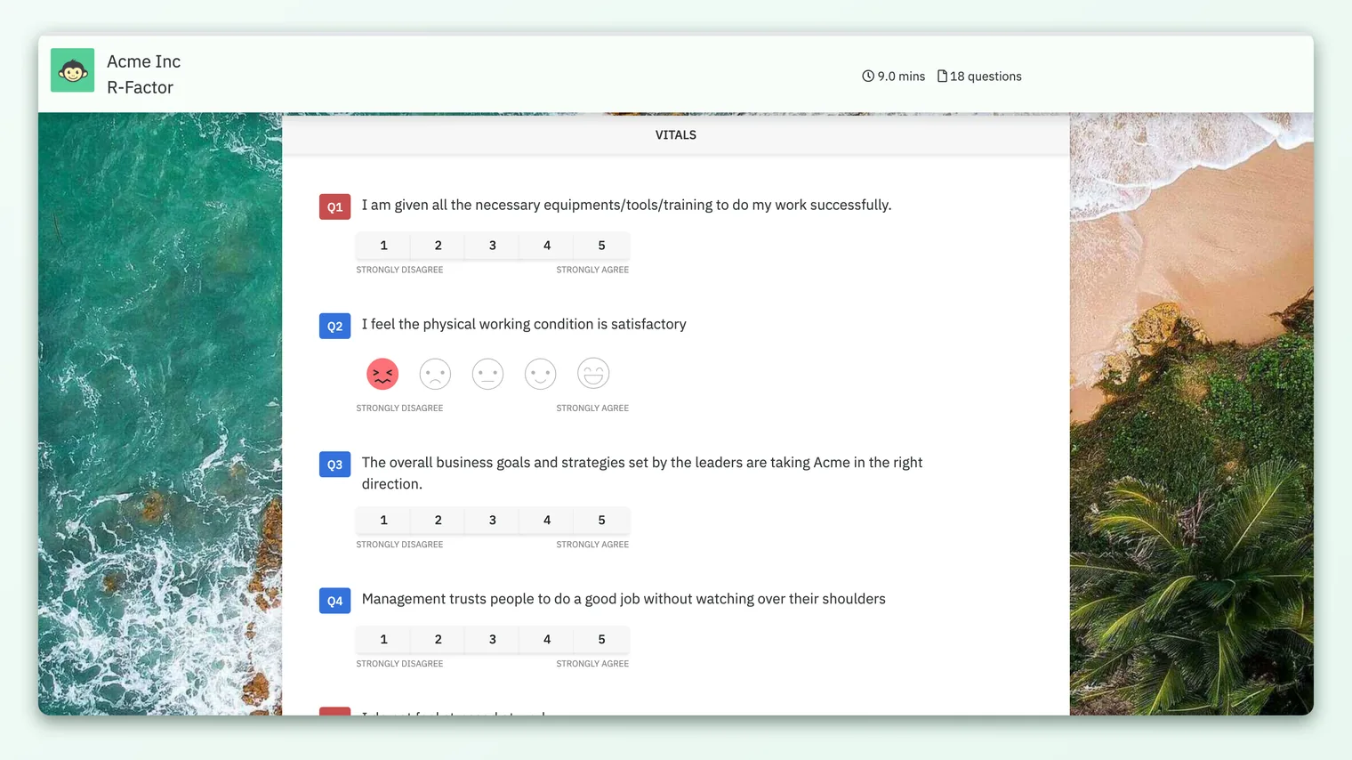 The employee survey form, where you answer questions one section at a time with your progress saved automatically.