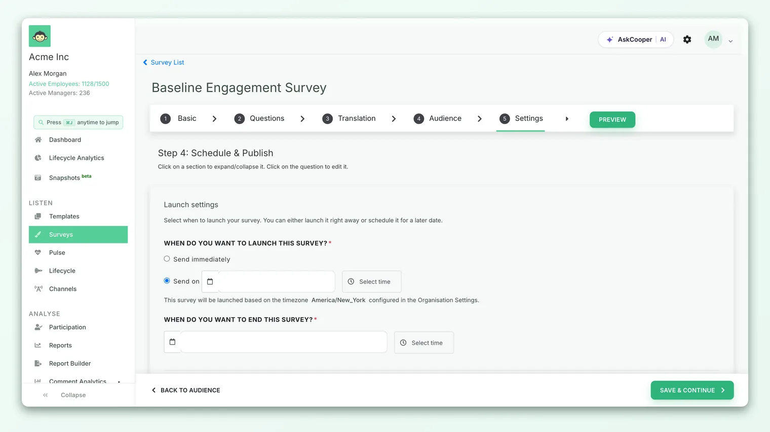 The survey builder, where a survey's configuration and response requirements are set.