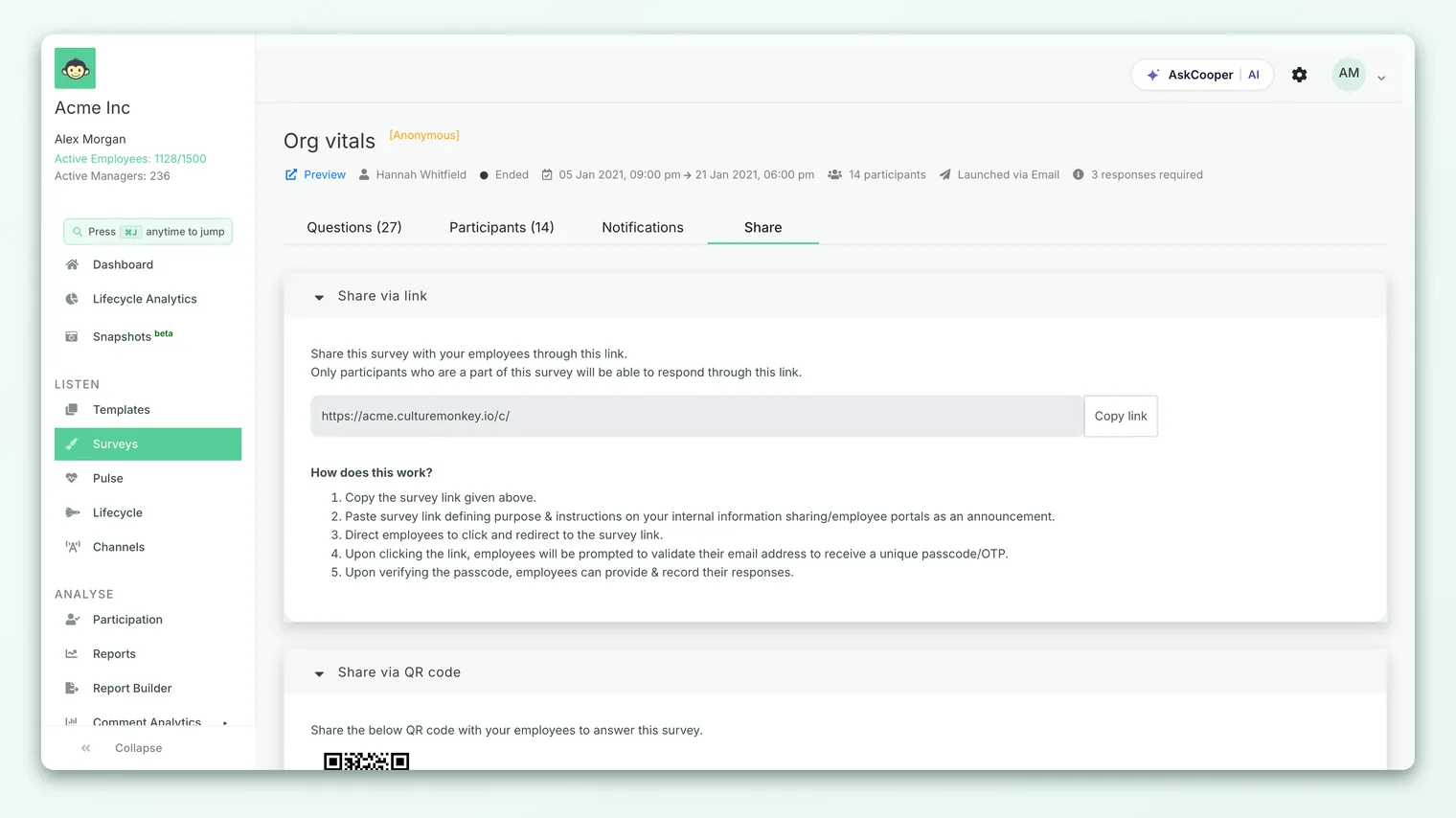 The Share tab of a survey, showing the Share via link section with a copyable survey URL and a QR code below it.