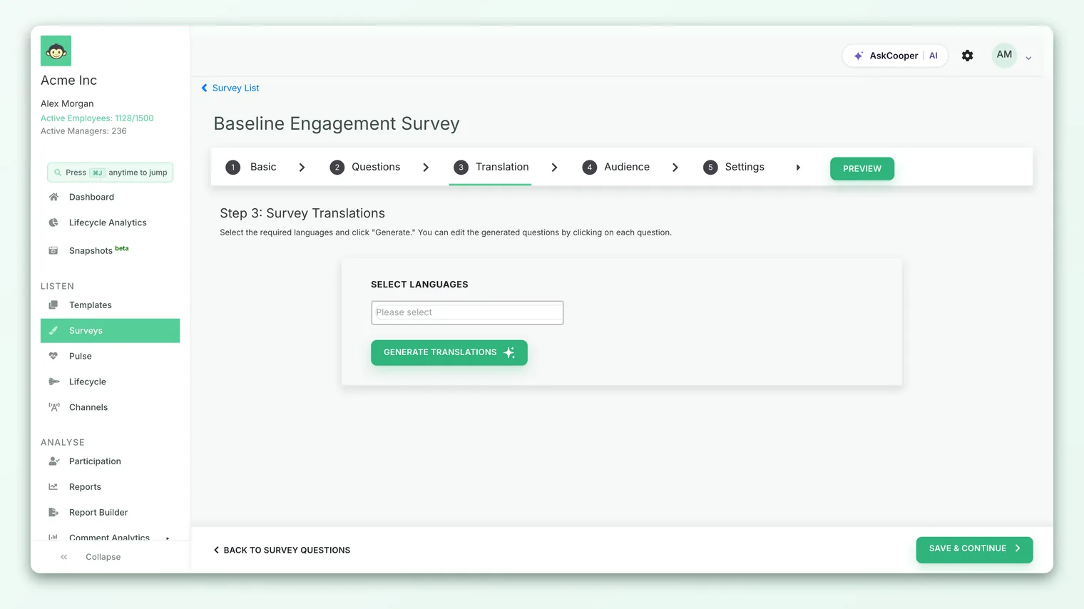 The survey builder, where the Multilingual checkbox turns on multi-language support for this survey.