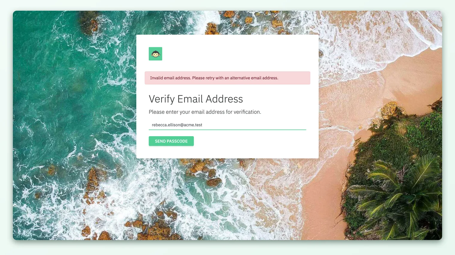 The verification screen where a respondent enters their email or employee ID, then confirms a one-time passcode.