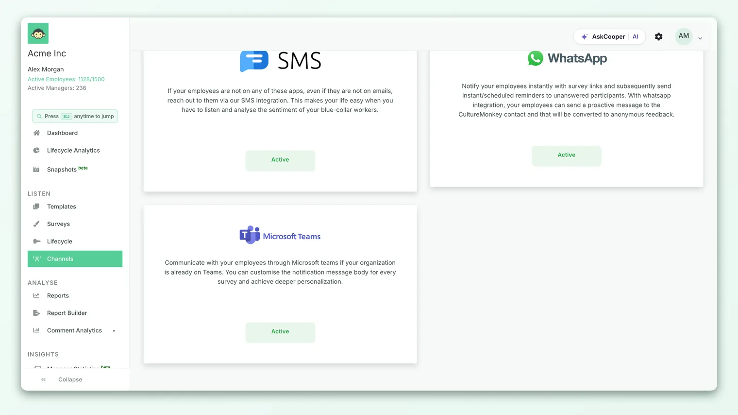 The Channels page under Integrations, showing cards for Slack, Microsoft Teams, email, SMS, and WhatsApp.