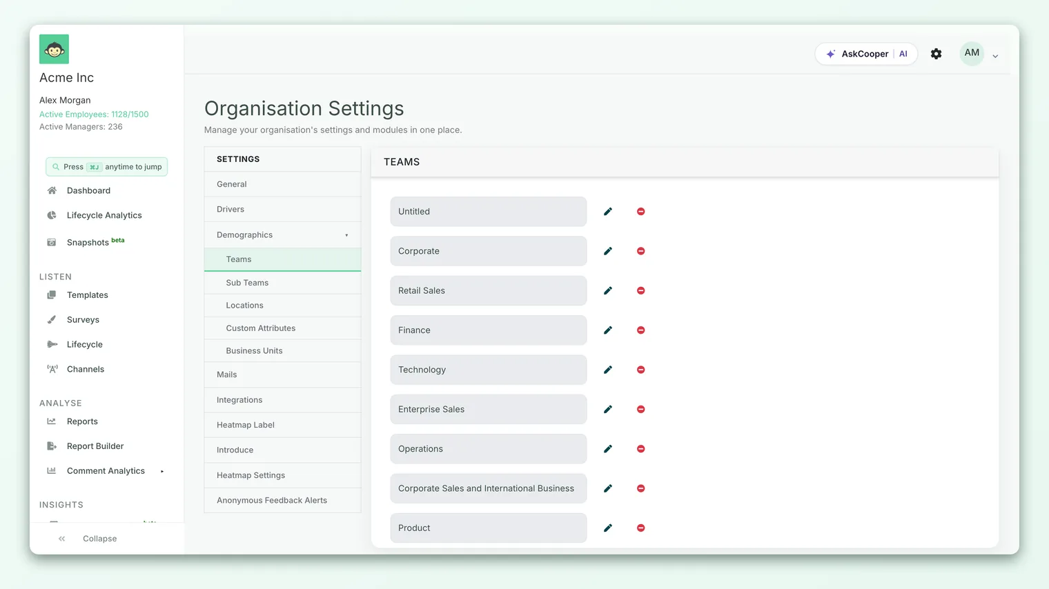 The Teams management screen in CultureMonkey, showing the list of teams with add, edit and delete controls.