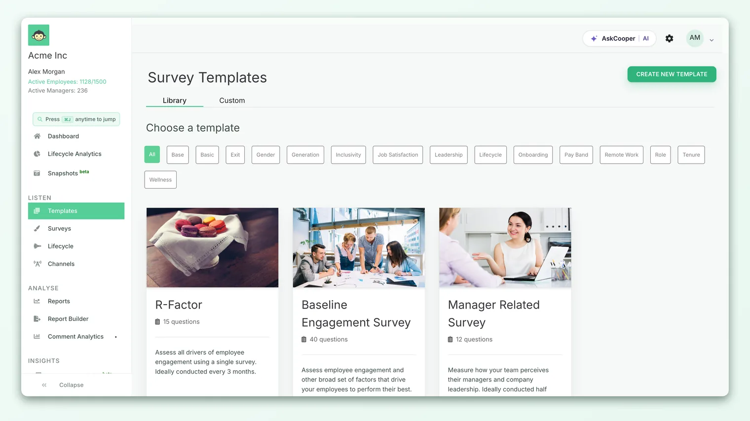 The Templates page in CultureMonkey, showing the Library and Custom tabs with the Create New Template button.