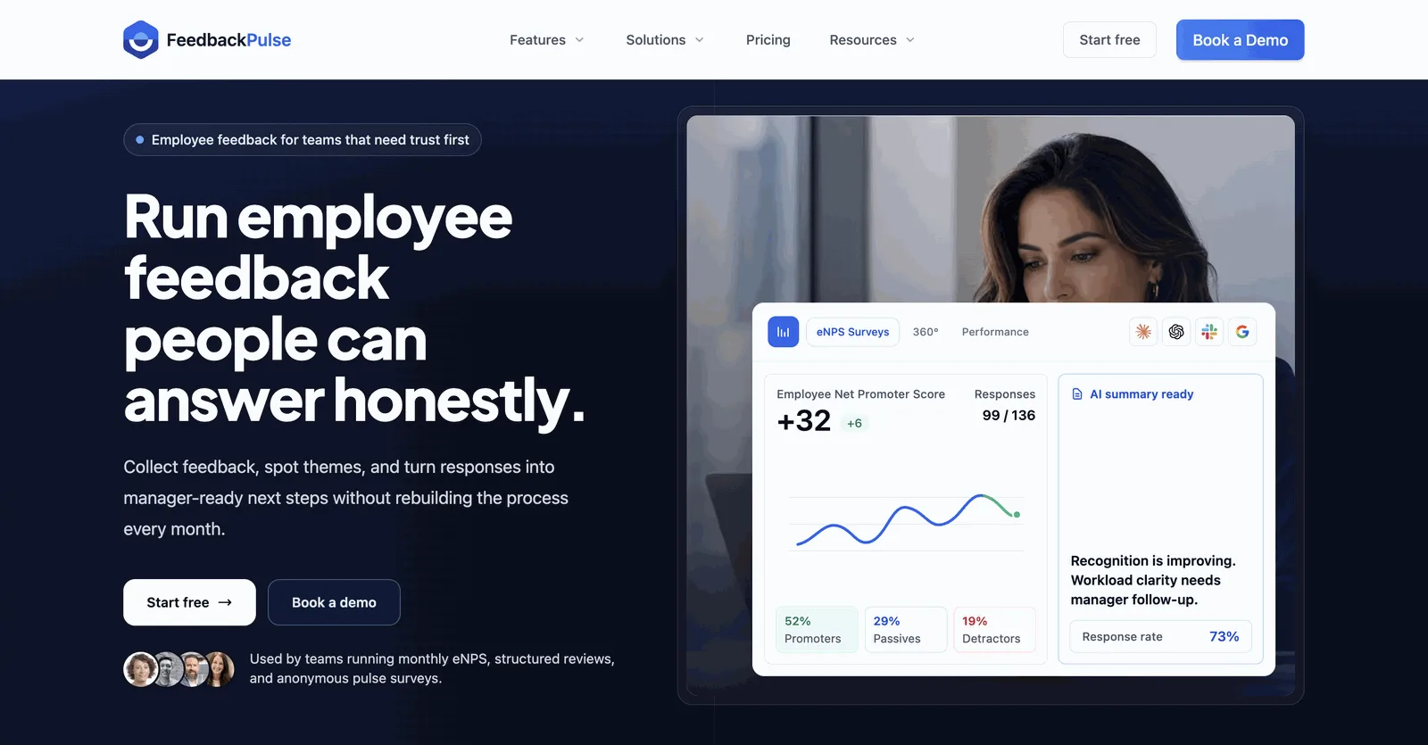 FeedbackPulse - employee feedback platform with eNPS surveys and AI summary