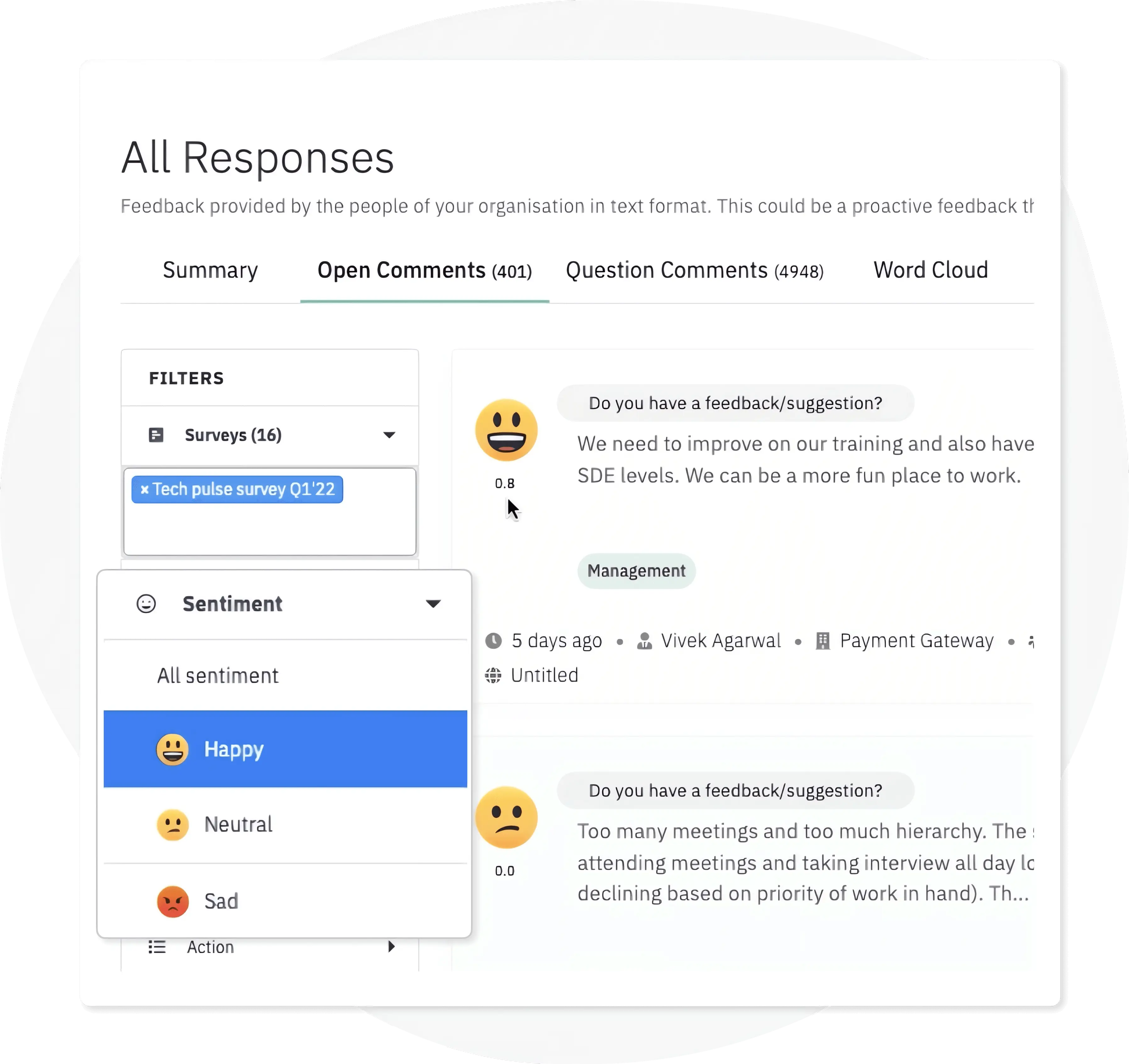 Analyze employee feedback by filtering out their response through their sentiment