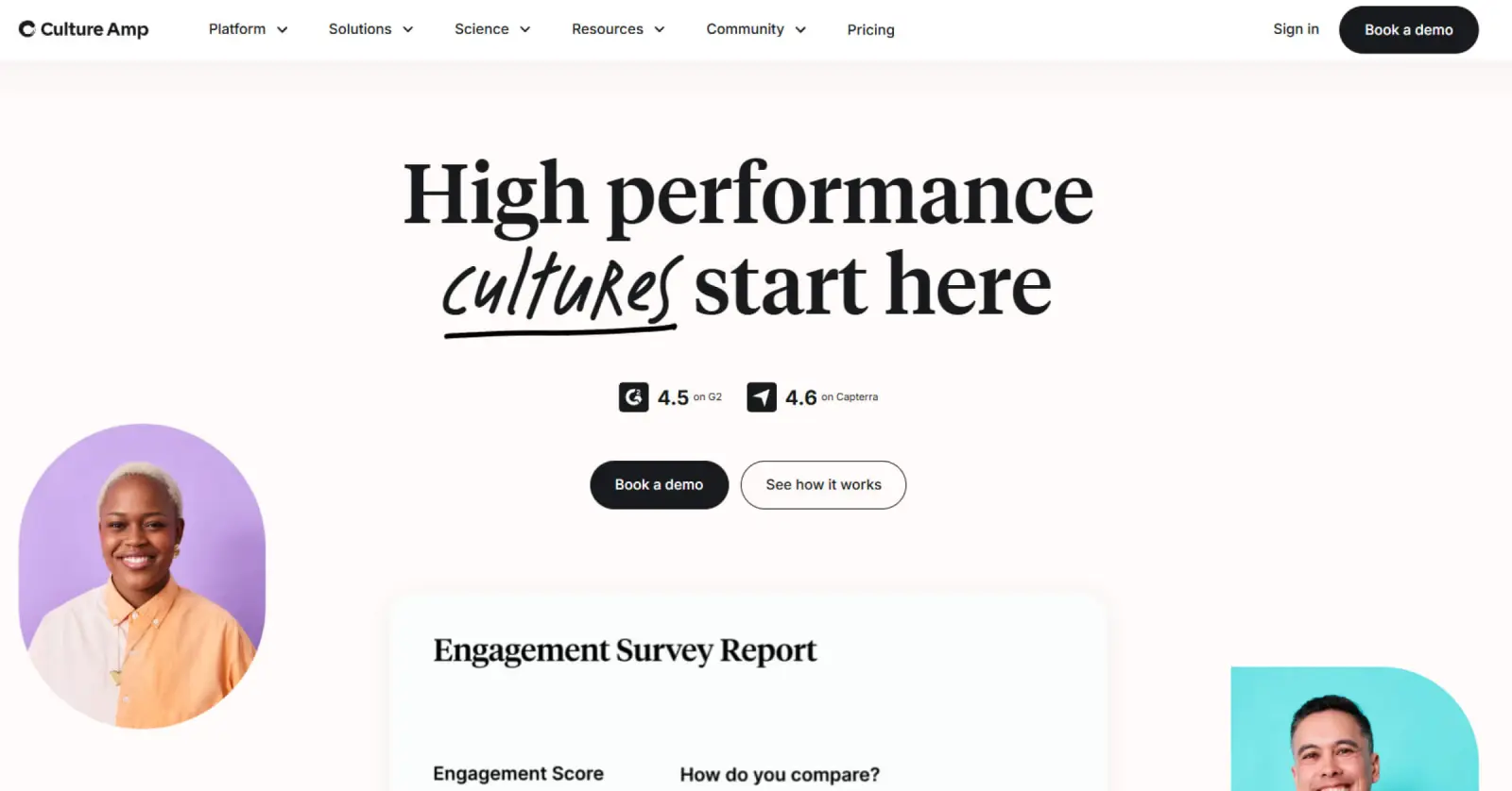 Culture Amp dashboard - engagement survey results and heatmap view