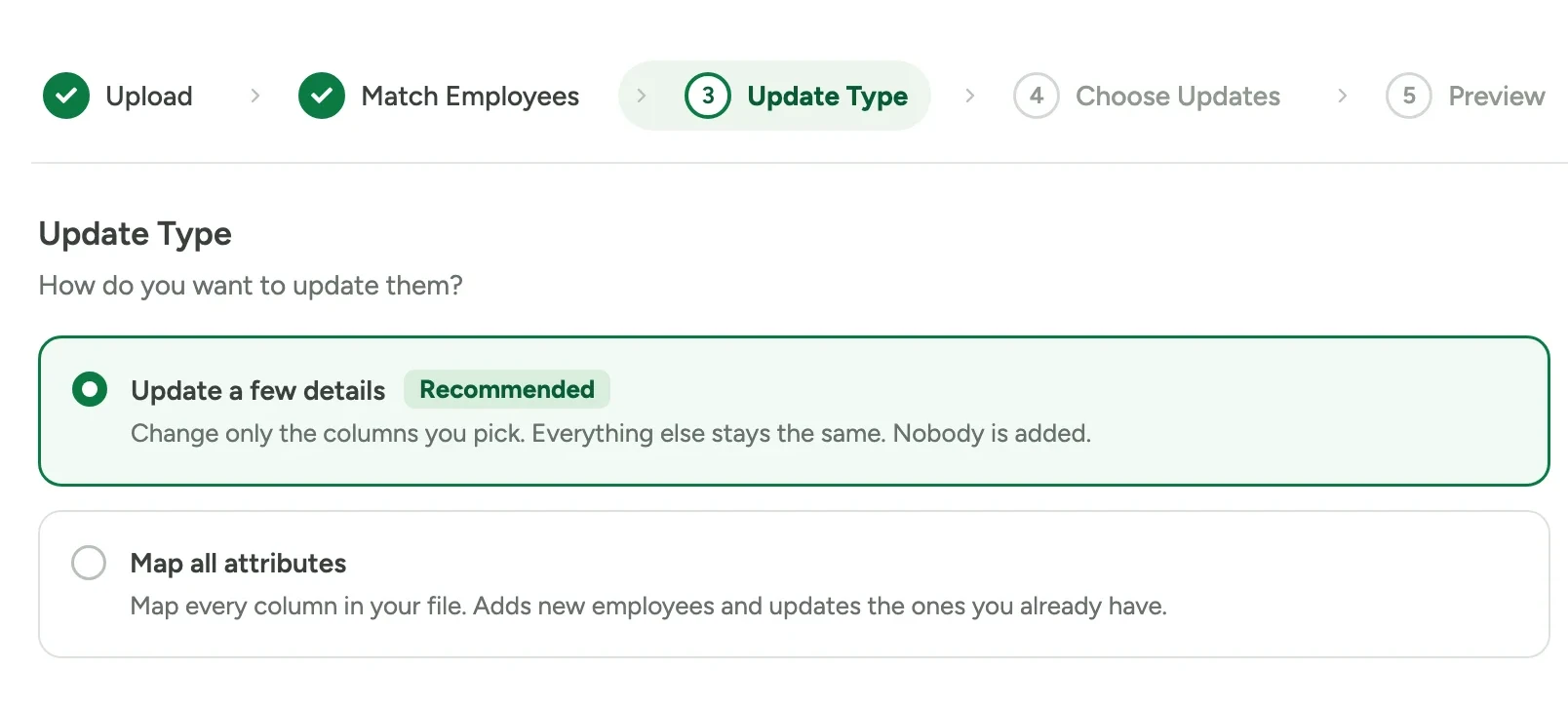 The Update Type step with two options, Update a few details (selected, marked Recommended) and Map all attributes; with Update a few details selected, step 4 in the steps bar reads Choose Updates
