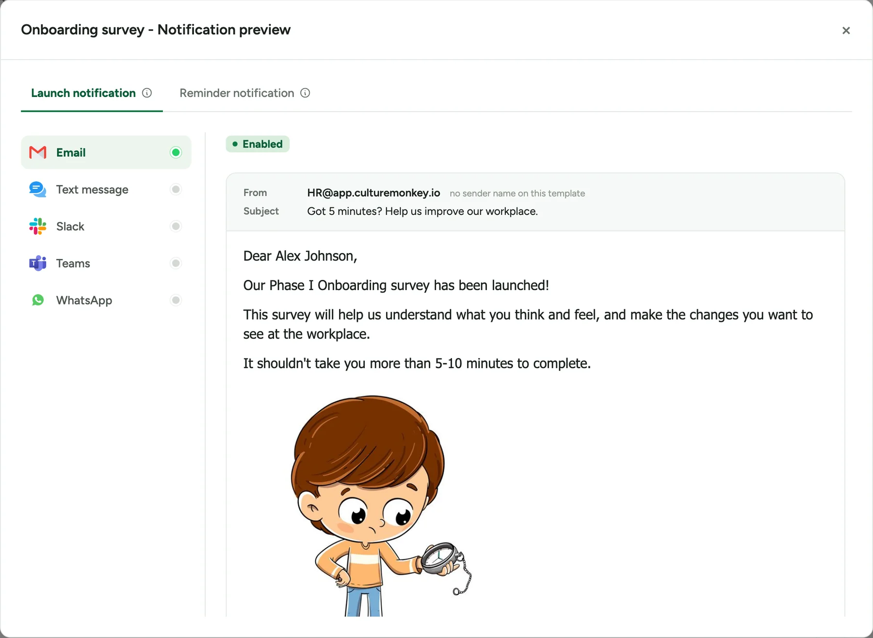 Onboarding survey Notification preview on the Launch notification tab with Email selected and Enabled, showing the launch email addressed to Alex Johnson