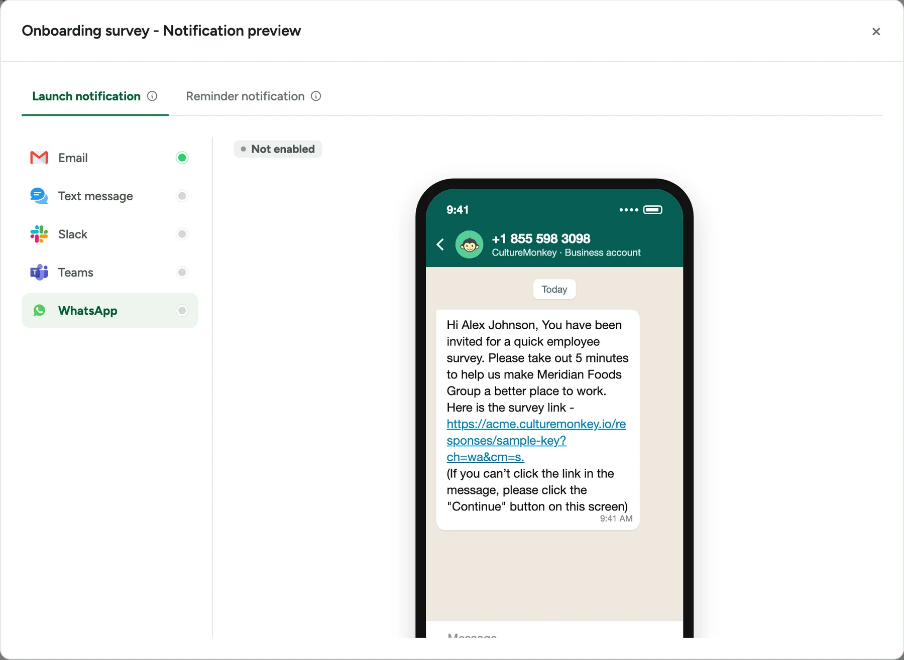 The same Notification preview with WhatsApp selected and marked Not enabled, showing the WhatsApp invitation on a phone