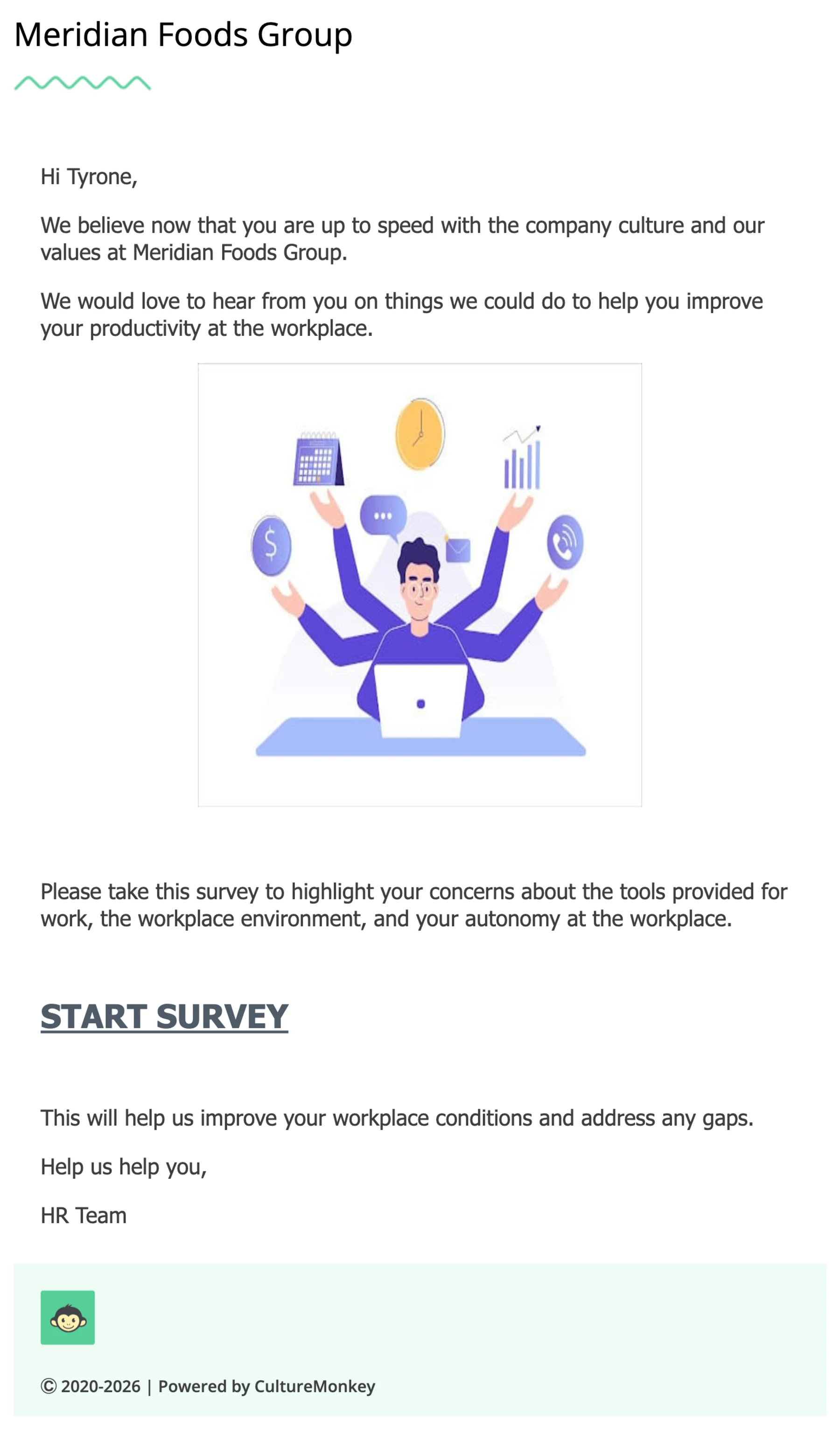 A reminder email from Meridian Foods Group addressed to Tyrone, asking him to take a productivity survey, with a Start Survey link