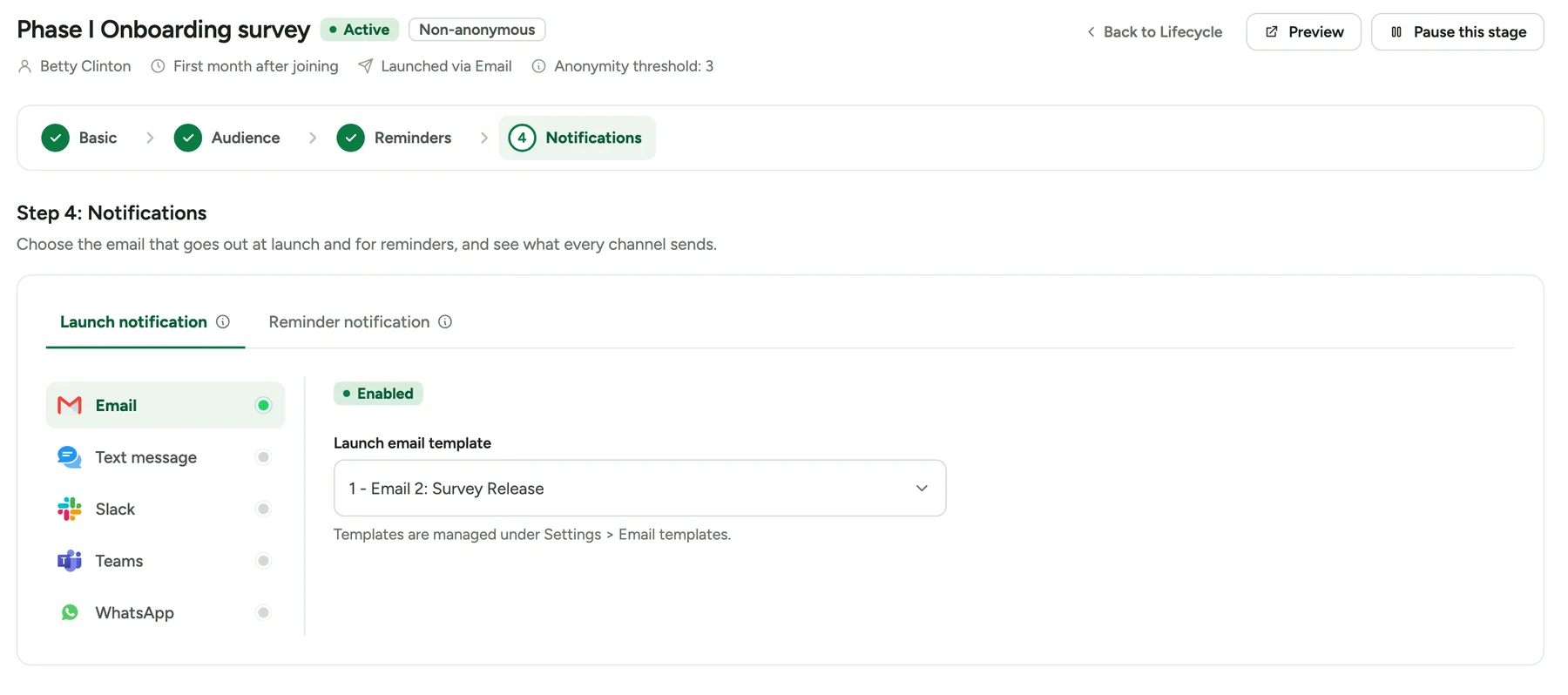 Stage Manager for the Onboarding stage, open on the Notifications step with the Launch notification tab, Email selected and a launch email template chosen, and Pause this stage at the top right