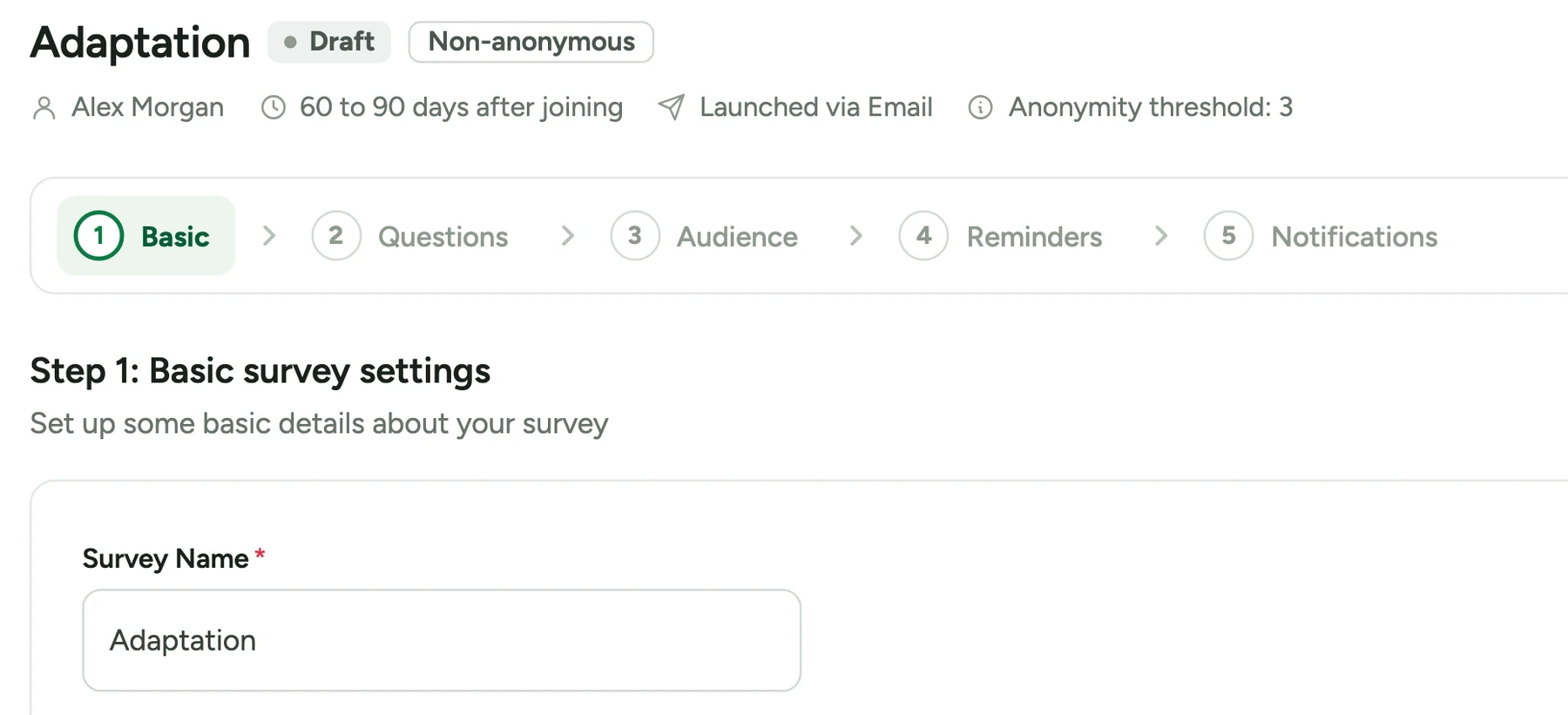 Stage Manager setup for the Adaptation stage, a draft set for 60 to 90 days after joining, open on Step 1: Basic survey settings with the setup steps across the top