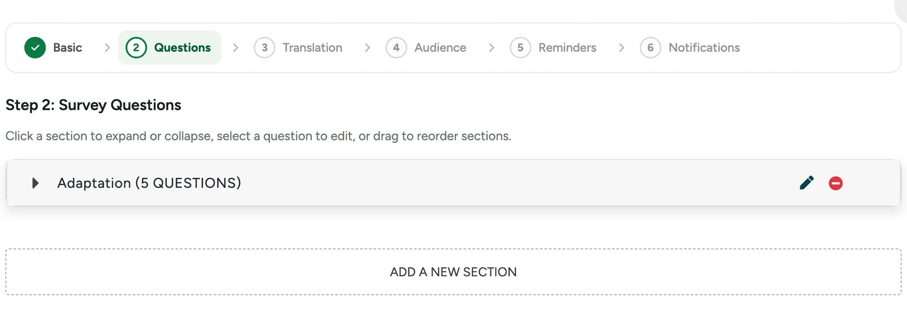 Stage Manager setup on Step 2: Survey Questions, showing the Adaptation section with 5 questions and an Add a new section option