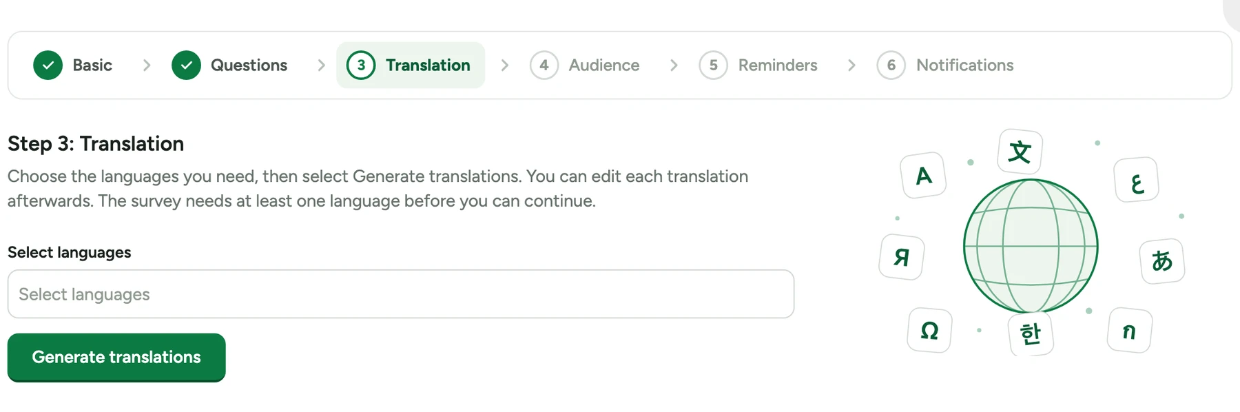 Stage Manager setup on Step 3: Translation for a multilingual survey, with a Select languages field and a Generate translations button