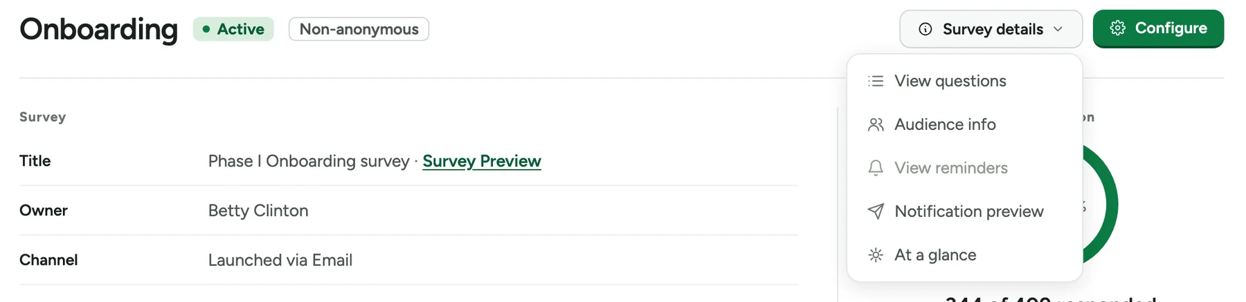 The Survey details menu open on the Onboarding stage, listing View questions, Audience info, View reminders (greyed out), Notification preview and At a glance