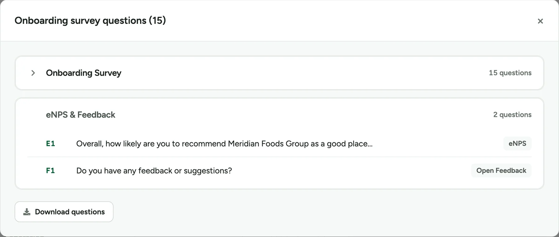 Onboarding survey questions (15): an Onboarding Survey section with 15 questions, and an eNPS and Feedback section with the eNPS question and a feedback question, above a Download questions button