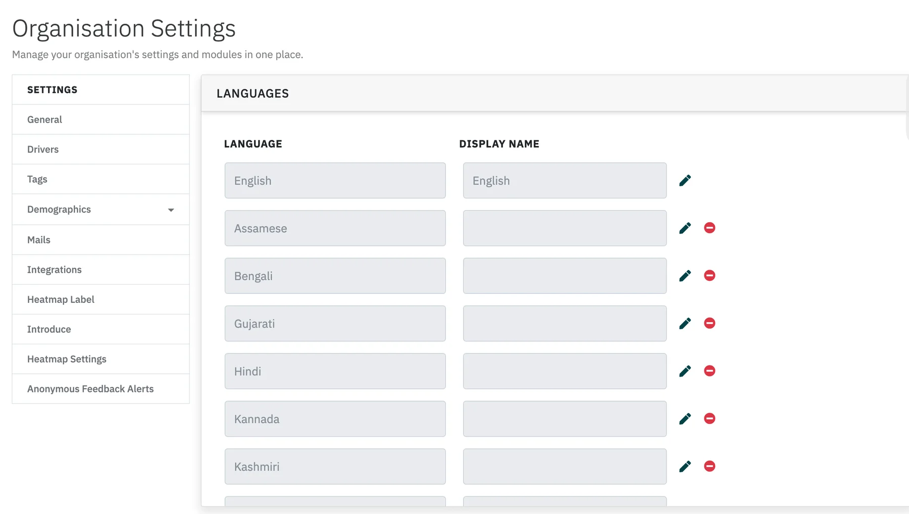 Organisation Settings, Languages, listing the languages enabled for the organisation with their display names