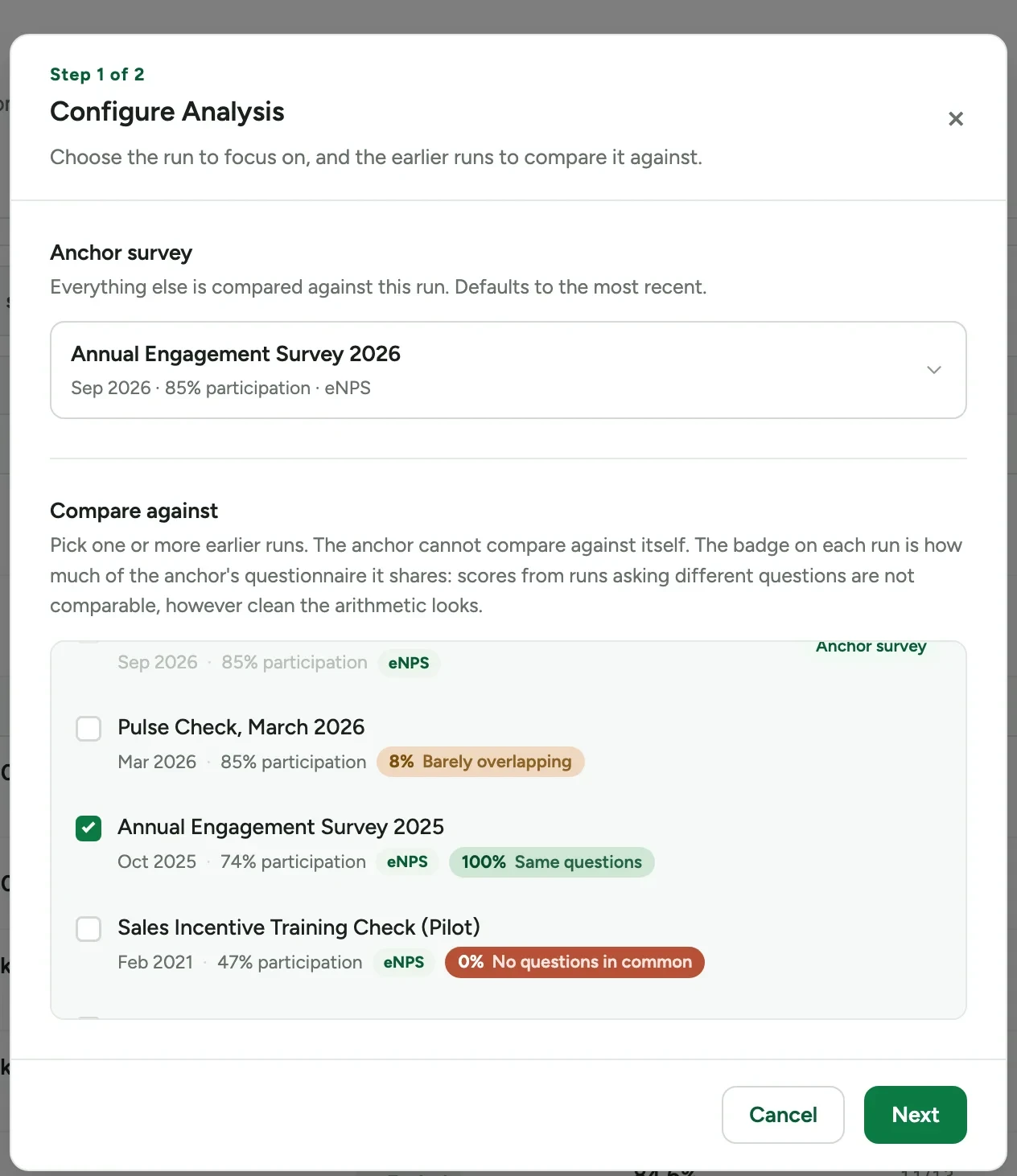 The Configure Analysis dialog, with an anchor survey selected and earlier runs listed with their questionnaire overlap