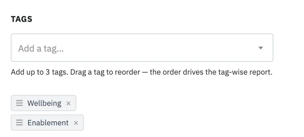 The Tags field in the question builder, with an Add a tag picker and two tags selected, Wellbeing and Enablement