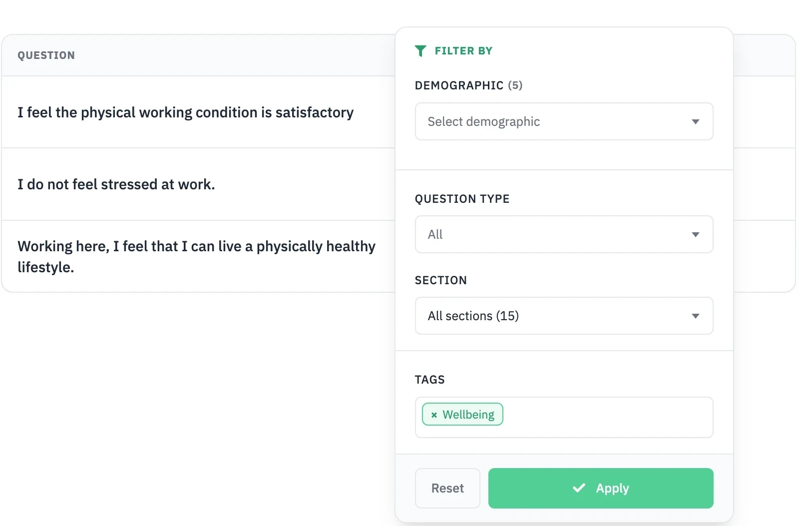 The Questions tab of a survey report with the Filter panel open, the tag Wellbeing selected under Tags, and the question list narrowed to the three Wellbeing questions