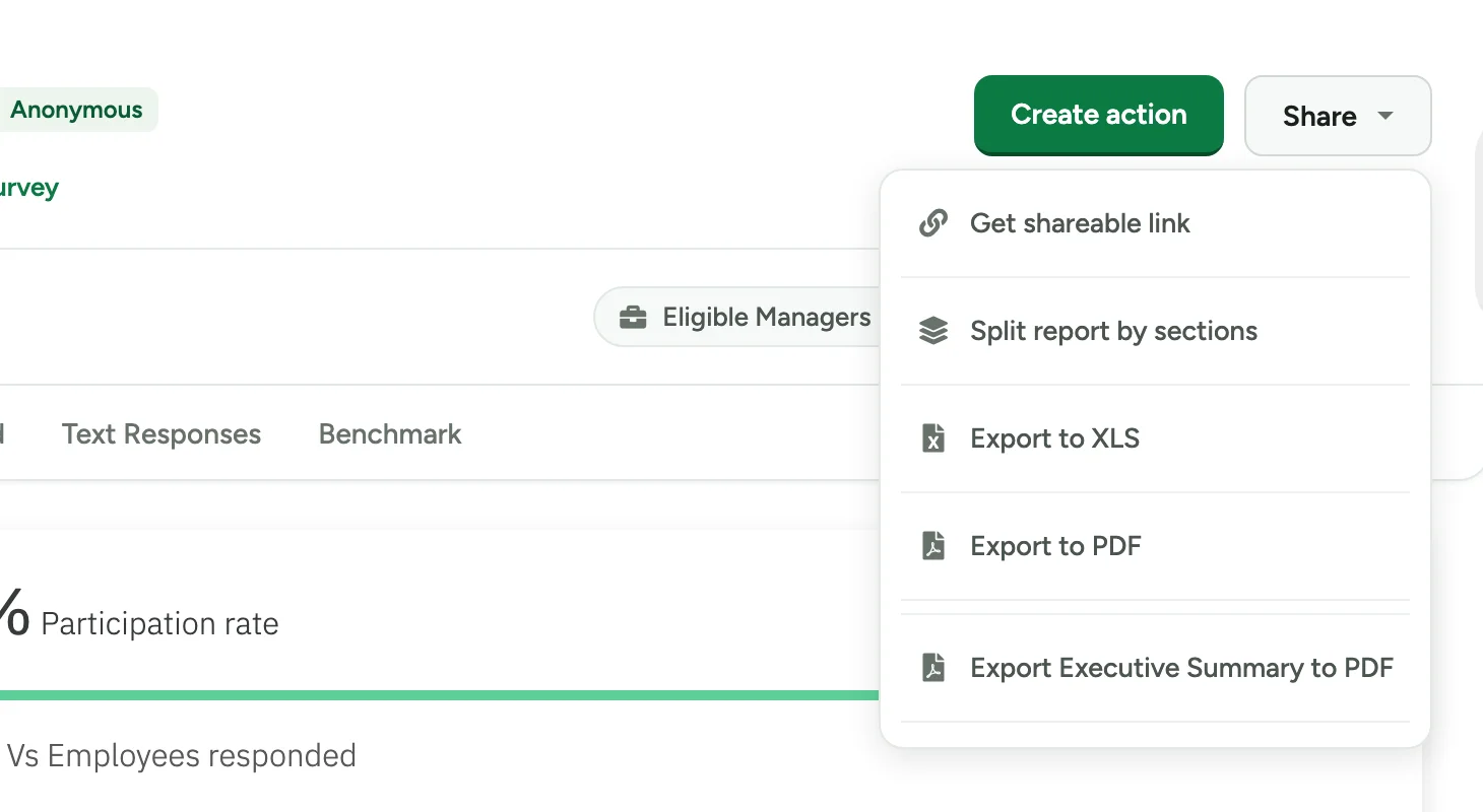 The Share menu on a report, with Split report by sections listed between Get shareable link and Export to XLS